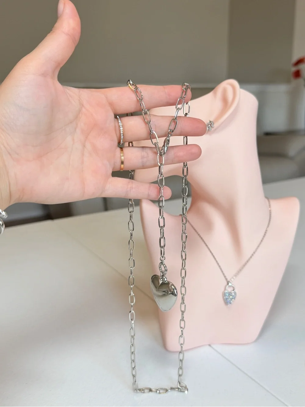 Silver Heart Pendant Long Chain Necklace